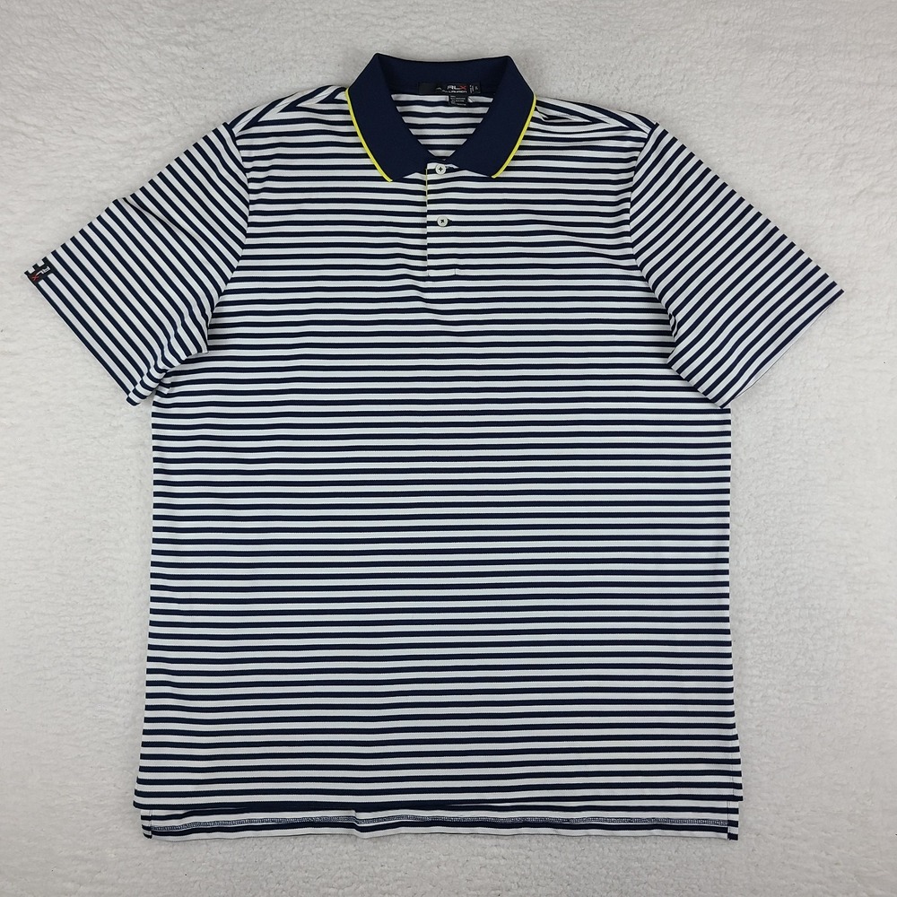 RLX Ralph Lauren Polo Shirt Mens XL White Navy Blue Striped Performance Golf